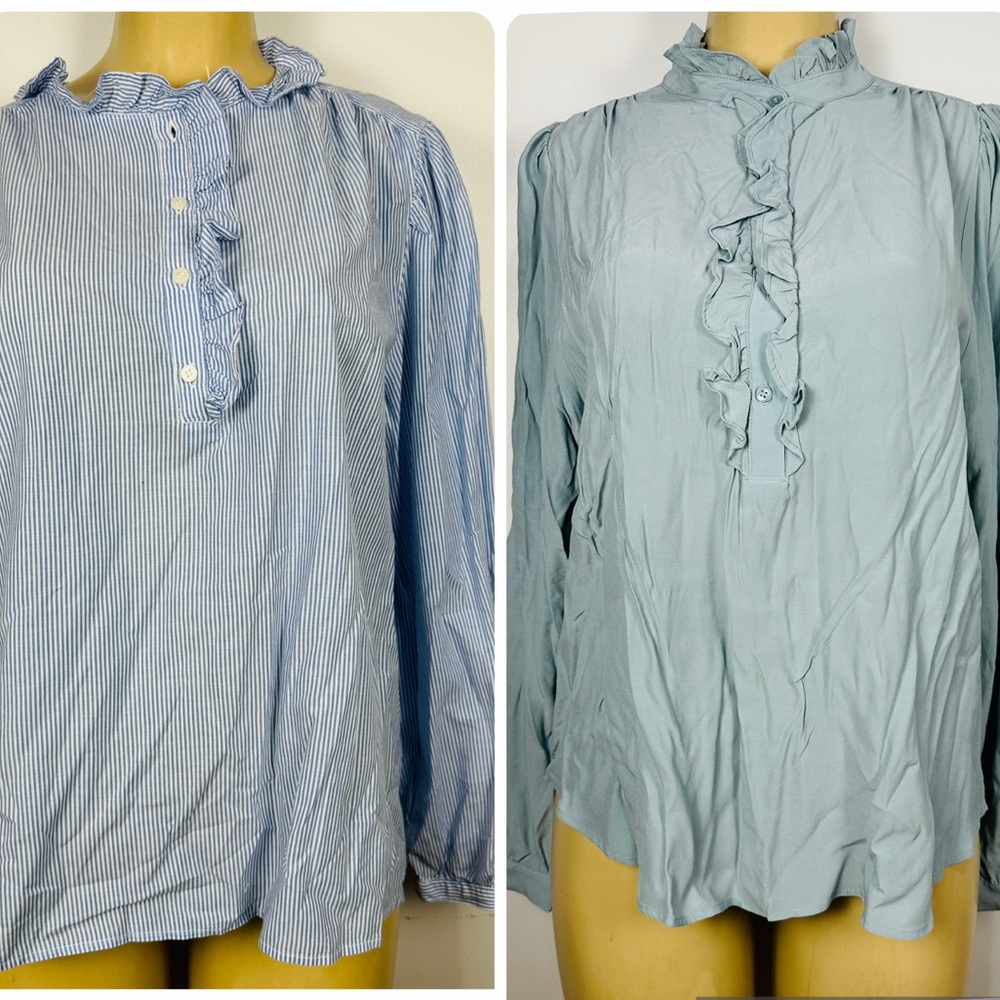 Set 2 H&M Blouses Sz M Striped Ruffle Long Sleeves Shirt Top